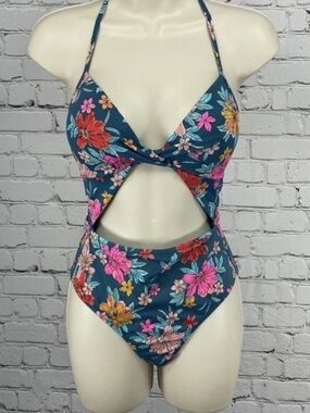 Shade & Shore Cut Out Push Up One Piece Swim Suit Blue Floral Womens Size 34 DD